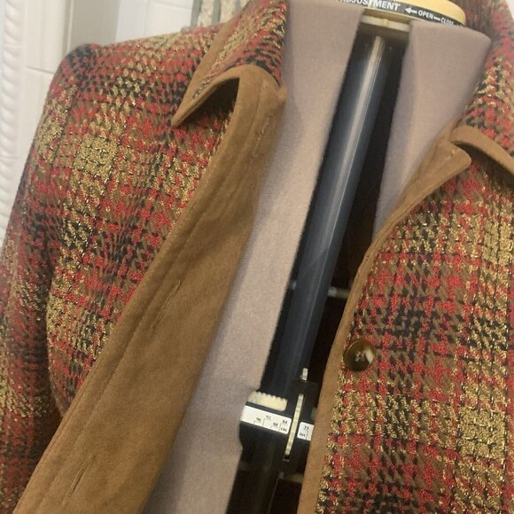 Rafael. Size 12. Plaid Metallic Lined Button Up Jacket. Faux Suede Trim. AL - Picture 3 of 9